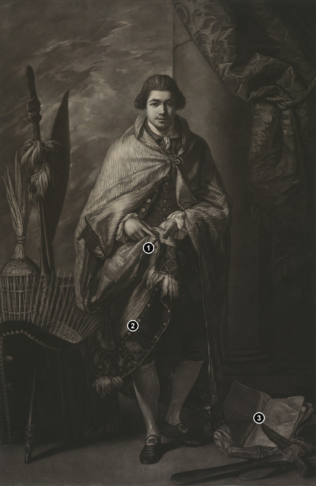 Annotated details from Mr. Banks: The Mezzotint by John Raphael Smith after Benjamin West